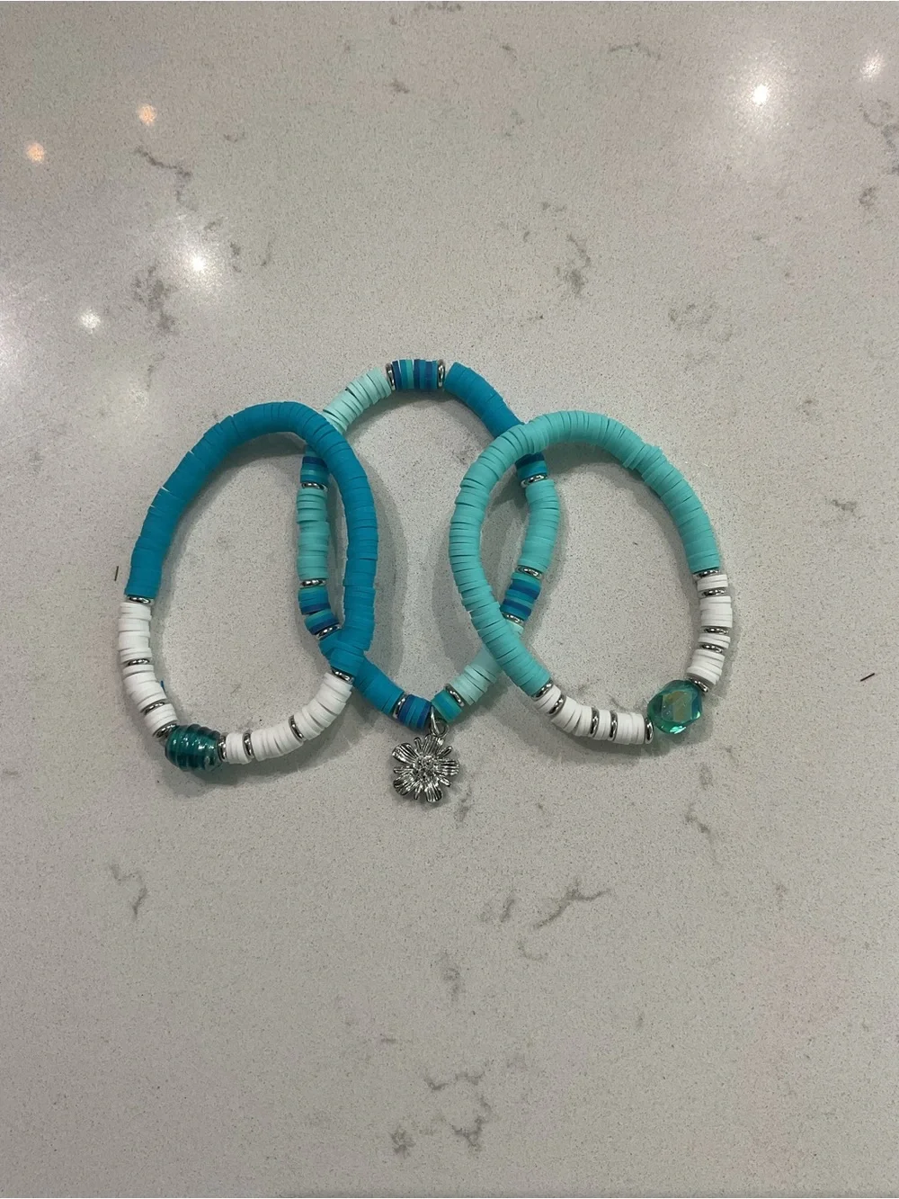 Set of 3 handmade Turquoise & White Beaded Stretch Bracelets